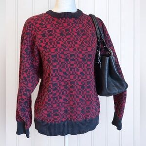 Vintage Red Black Geometric Knit Sweater Abstract Pixel Pattern Cozy Retro XL